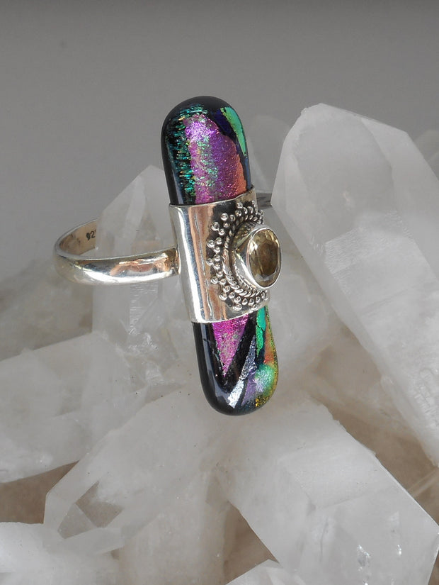 Dichroic Glass and Citrine Quartz Sterling Ring 1