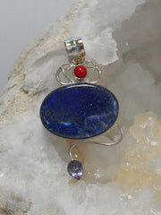 Lapis Pendant 7 with Red Coral and Amethyst Quartz