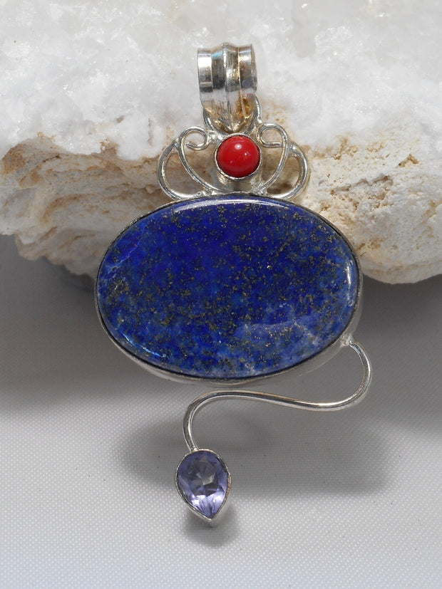 Lapis Pendant 7 with Red Coral and Amethyst Quartz