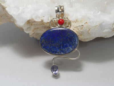 Lapis Pendant 7 with Red Coral and Amethyst Quartz