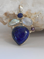 Lapis Pendant 5 with Moonstone and Pearl