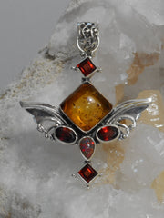 Angel Sterling and Amber Pendant 2 with Fire Opal and Garnets