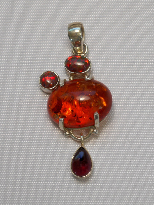 Amber Pendant 4 with Fire Opal and Garnet
