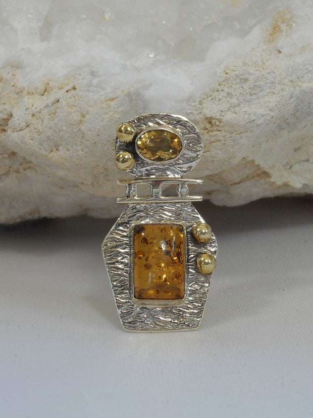 Artisan Amber and Sterling Pendant 1 with Citrine Quartz