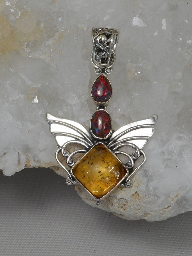 Angel Amber Pendant 3 with Fire Opals