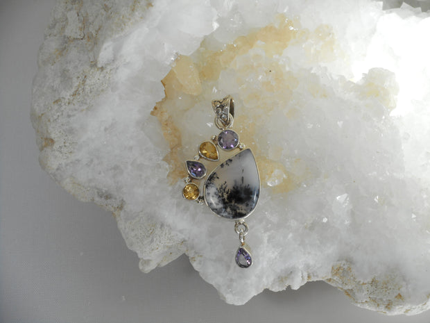 Dendritic Opal Teardrop Pendant with Amethyst and Citrine Quartz