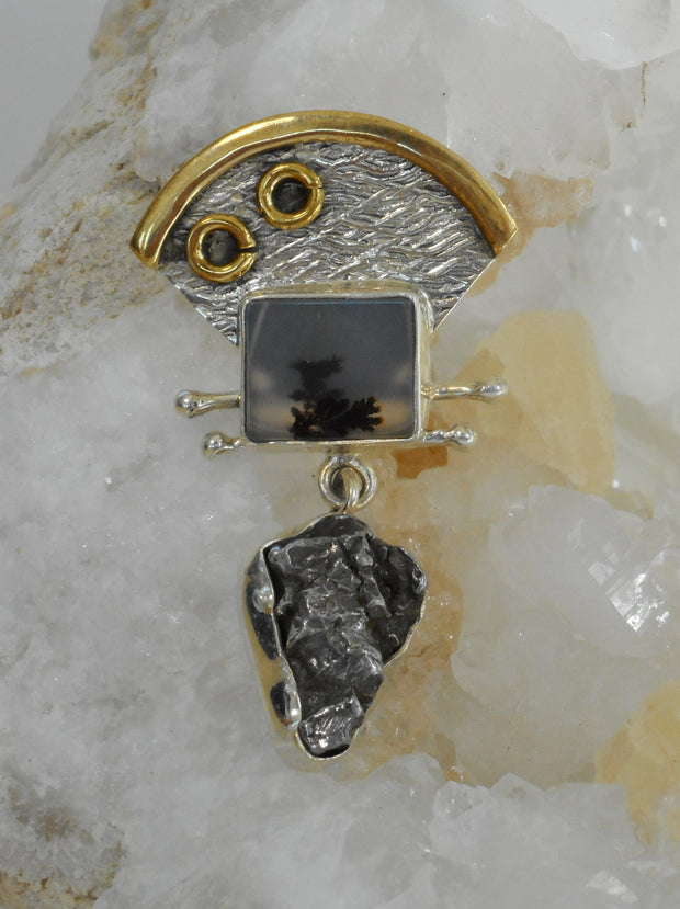 Artisan Meteorite and Sterling Pendant 1 with Dendritic Opal