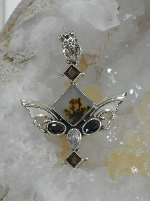 Angel Sterling and Onyx Pendant with Dendritic Opal and Topaz