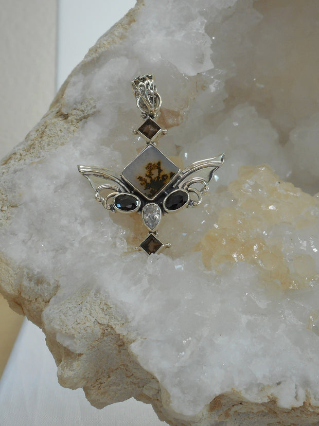 Angel Sterling and Onyx Pendant with Dendritic Opal and Topaz