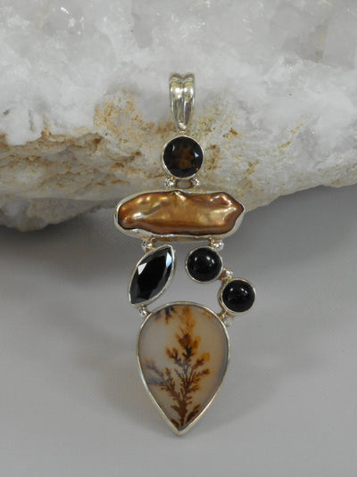 Dendritic Opal Pendant with Onyx Topaz and Pearl