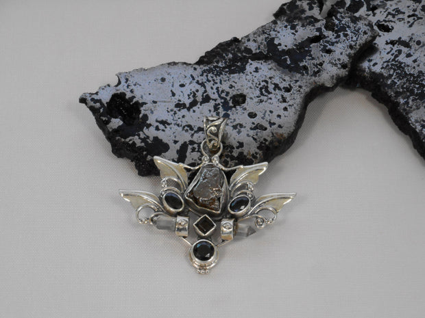 Angel Sterling and Meteorite Pendant 1 with Garnets and Quartz Crystals