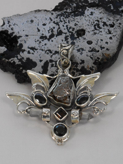 Angel Sterling and Meteorite Pendant 1 with Garnets and Quartz Crystals