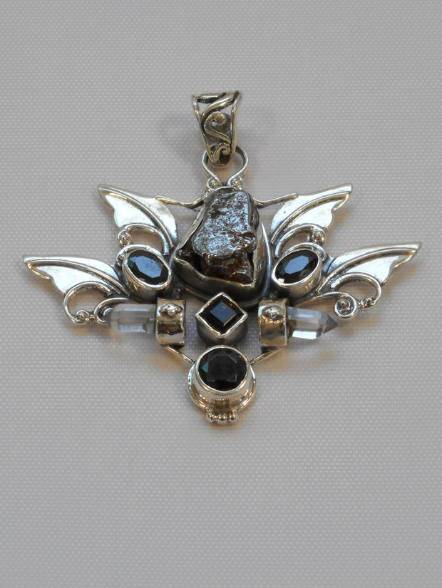 Angel Sterling and Meteorite Pendant 1 with Garnets and Quartz Crystals