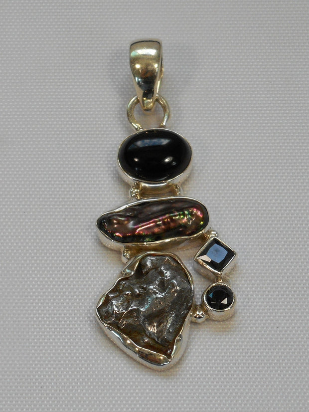 Natural Meteorite Stone Pendant 7 with Onyx and Pearl