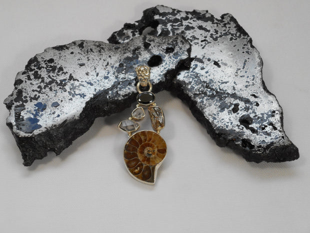 Ammonite Fossil Pendant 10 with Meteorite, Onyx and Herkimer Diamond Quartz Crystals