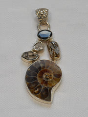 Ammonite Fossil Pendant 10 with Meteorite, Onyx and Herkimer Diamond Quartz Crystals