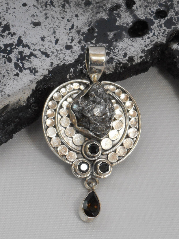 Meteorite and Sterling Pendant 1 with Onyx and Topaz