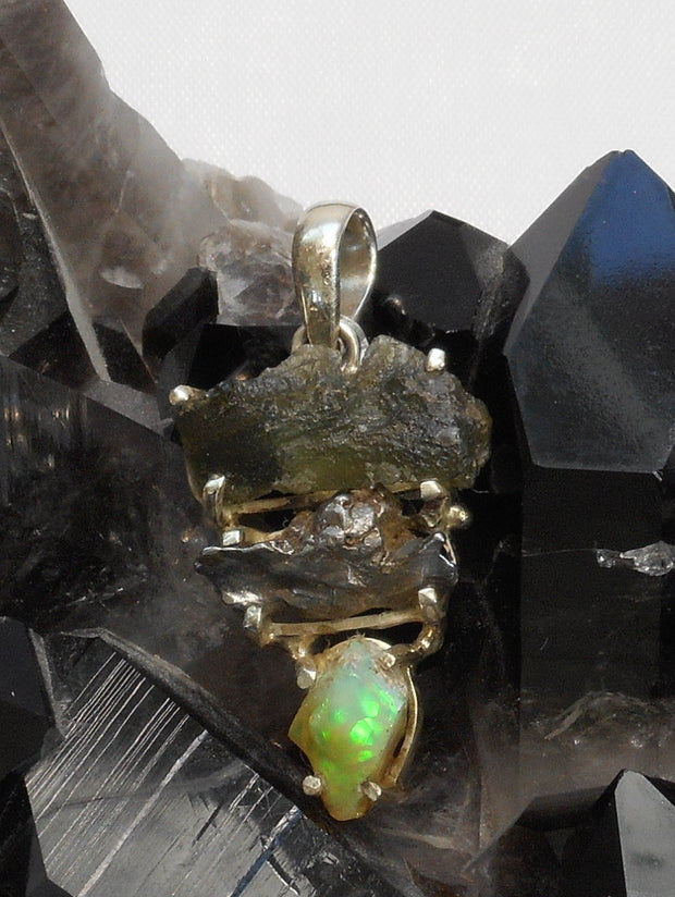 Natural Meteorite Stone Pendant 6 with Ethiopian Opal and Moldavite