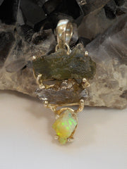 Natural Meteorite Stone Pendant 6 with Ethiopian Opal and Moldavite