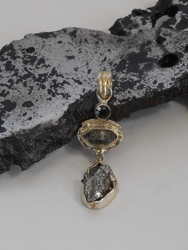 Natural Meteorite Stone Pendant 11 with Herkimer Diamond and Onyx
