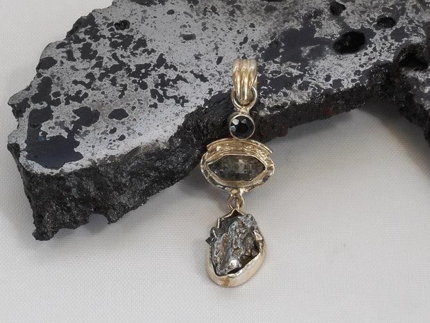 Natural Meteorite Stone Pendant 11 with Herkimer Diamond and Onyx
