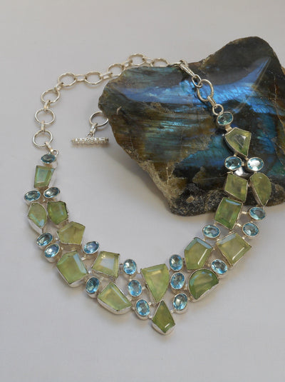 Prehnite Gemstones Necklace with Blue Topaz