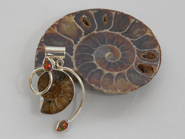 Ammonite Fossil Pendant 2 with Fire Opal