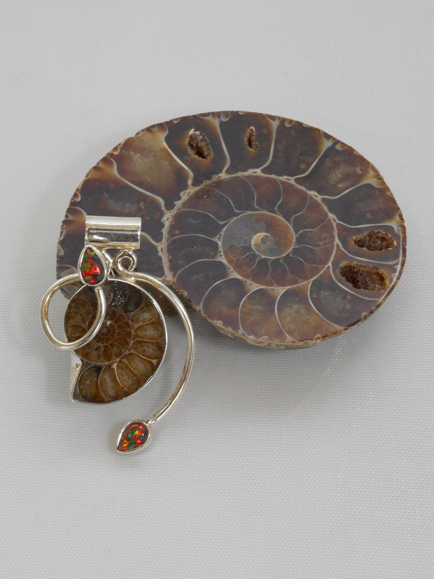 Ammonite Fossil Pendant 2 with Fire Opal