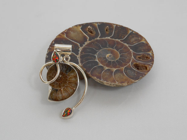 Ammonite Fossil Pendant 2 with Fire Opal