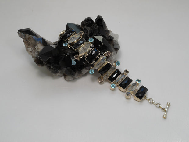 Black Onyx Bracelet 2 with Blue Topaz, Herkimer Diamond Quartz Crystal and Amethyst