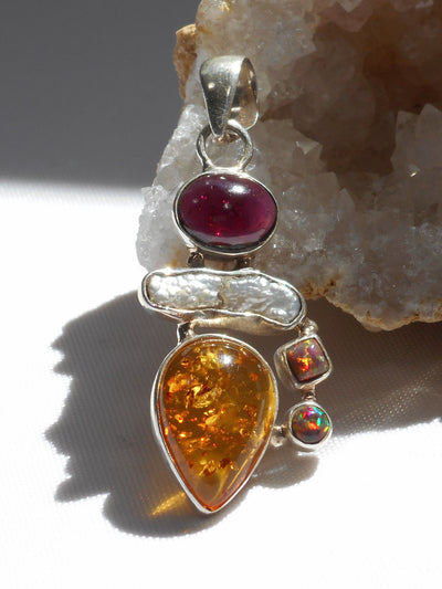 Amber Pendant 10 with Garnet, Opal and Pearl