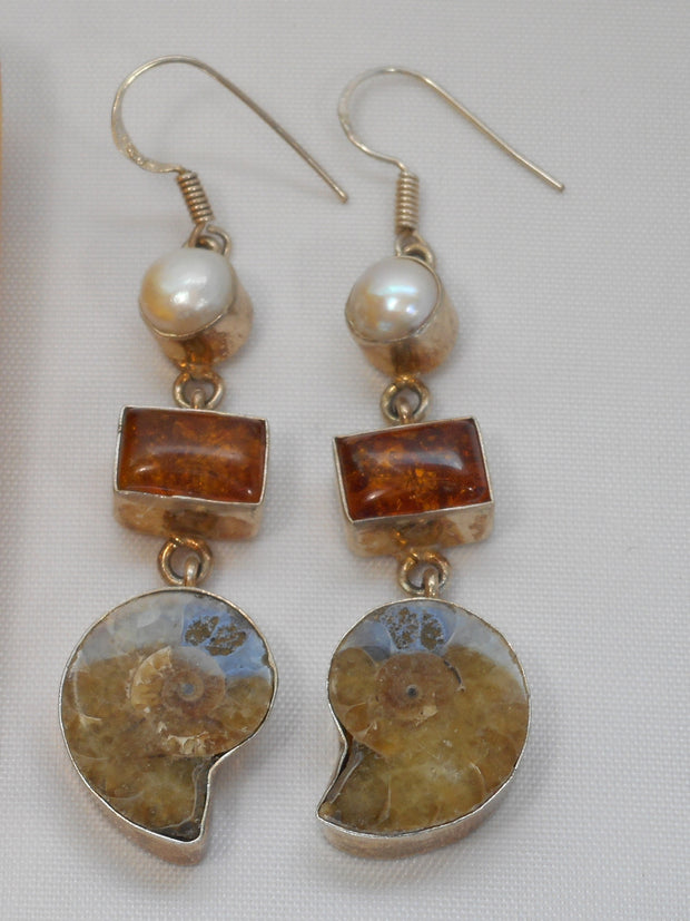 Amber Earring Set 4 with Ammonite Fossil and Pearl