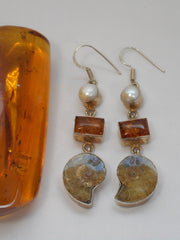 Amber Earring Set 4 with Ammonite Fossil and Pearl