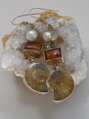Amber Earring Set 4 with Ammonite Fossil and Pearl