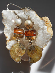 Amber Earring Set 4 with Ammonite Fossil and Pearl