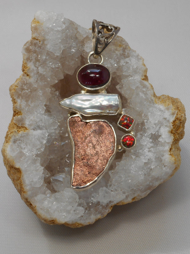 Native Copper Pendant 4 with Garnet, Opal and Pearl