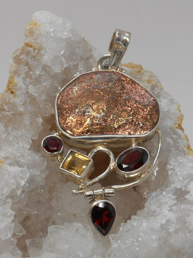 Native Copper Pendant 5 with Garnet and Citrine Quartz