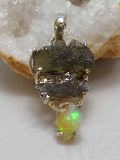 Natural Meteorite Stone Pendant 6 with Ethiopian Opal and Moldavite