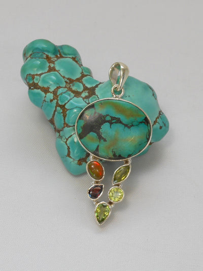 Tibetan Turquoise Pendant 7 with Citrine Quartz, Garnet, and Opal