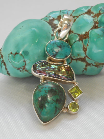 Tibetan Turquoise Pendant 8 with Peridot and Pearl