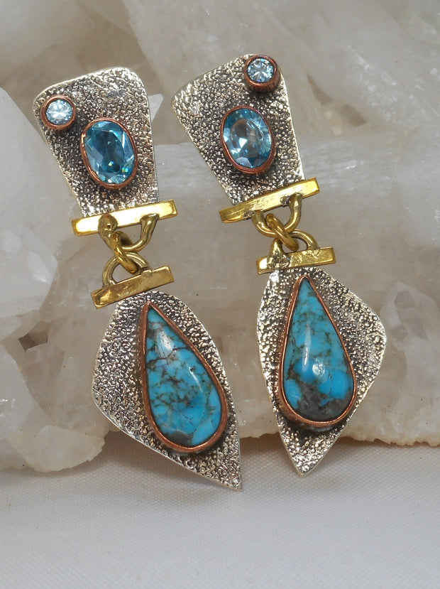 *Copper Turquoise Blue and Sterling Earring Set with Blue Topaz