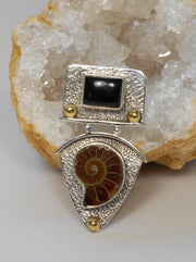 Ammonite and Sterling Fossil Pendant 3 with Onyx