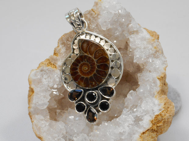 Ammonite and Sterling Fossil Pendant 2 with Onyx and Topaz