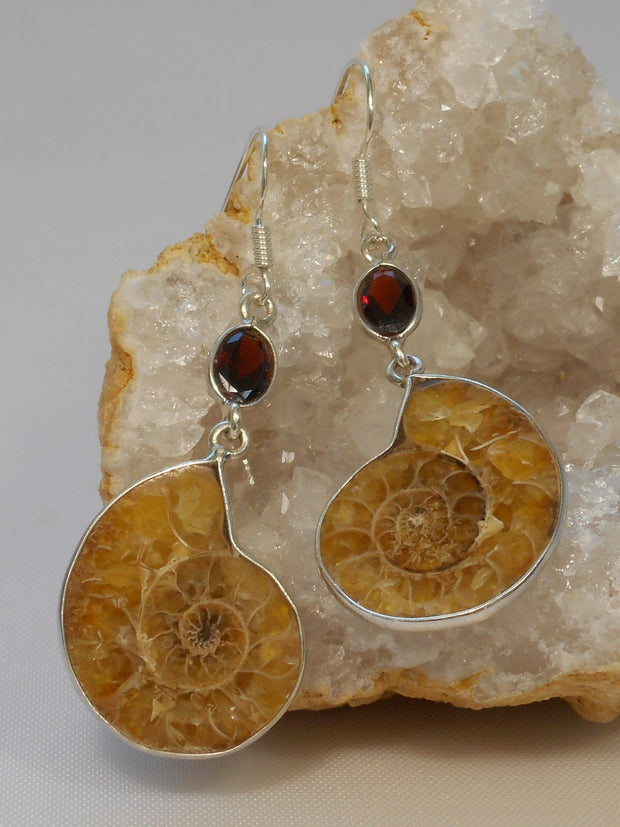 Ammonite Fossil and Sterling Earring Set 2 with Garnets