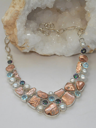 Native Copper and Pearl Necklace with Blue Topaz