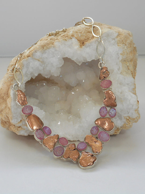 Native Copper and Pink Druzy Quartz Necklace