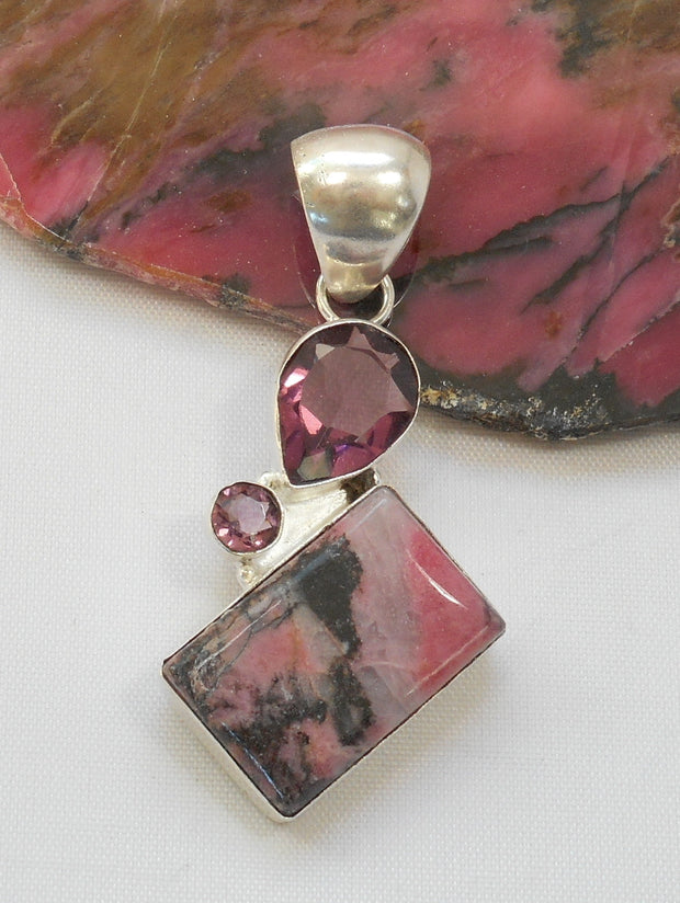 Rhodonite and Sterling Pendant 2 with Amethyst Quartz