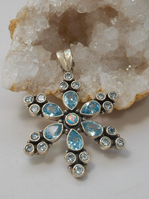 Delicate Blue Topaz Pendant with Fire Opal