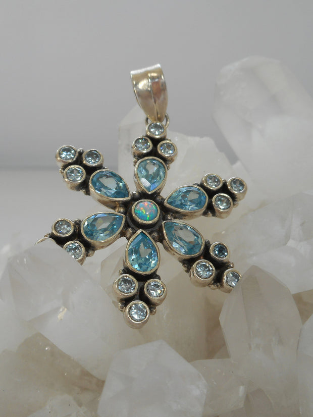 Delicate Blue Topaz Pendant with Fire Opal