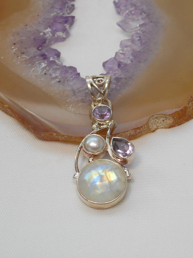 Moonstone Pendant 6 with Amethyst Quartz & Pearl